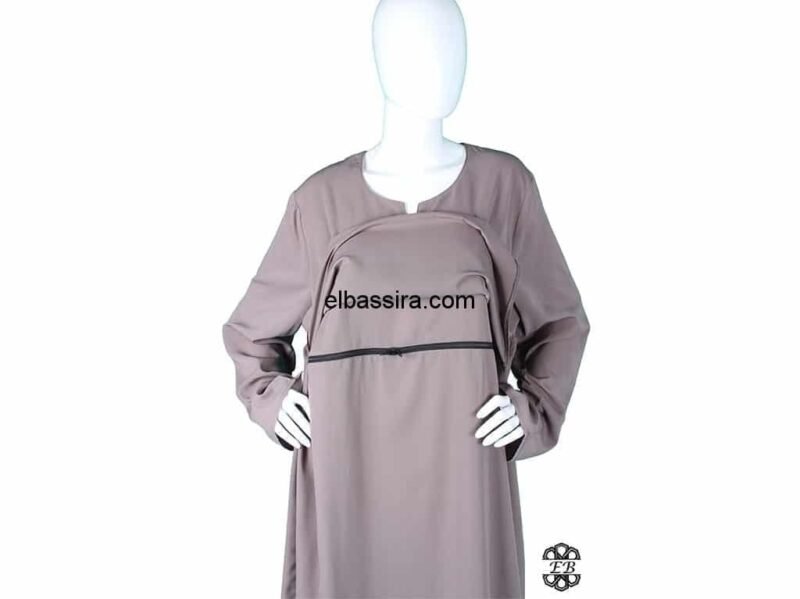Robe ou Abaya d'Allaitement cache-poitrine coupe droite, en tissu Wool Peach (Microfibre léger), de couleur sépia