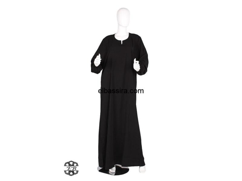 Robe ou Abaya coupe droite avec élastiques aux poignets en tissu Caviary, de couleur noir