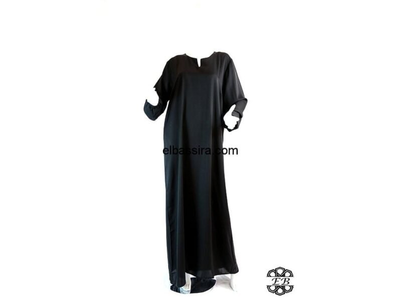 Robe ou Abaya coupe droite avec élastiques aux poignets en tissu Fursan, de couleur noir intense