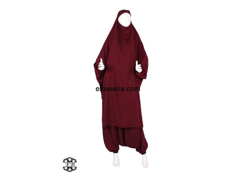 Jilbab, Jelbab ou jilbeb 2 Pièces avec sarouel (pantalon féminin oriental très large), en tissu Caviary, de couleur bordeaux