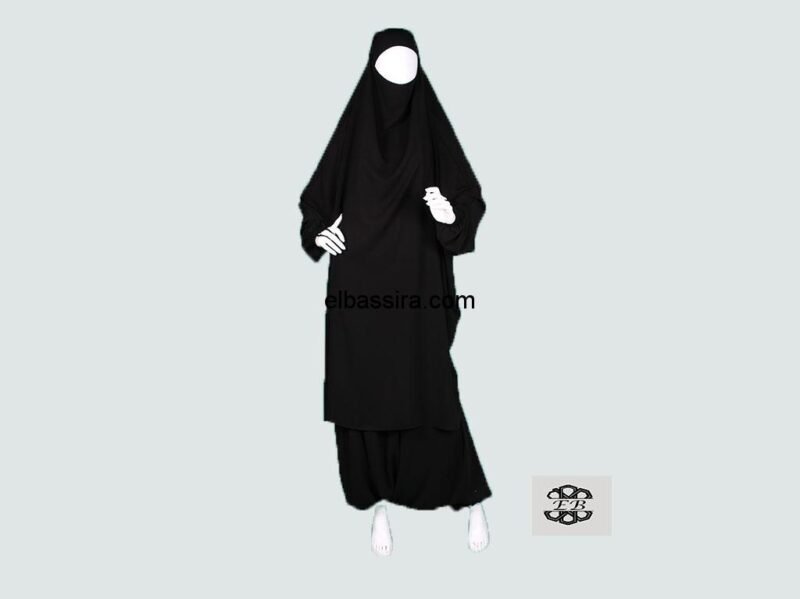 Jilbab, Jelbab ou jilbeb 2 Pièces avec sarouel (pantalon féminin oriental très large), en tissu Wool Peach, appelé aussi Microfibre léger, de couleur noir intense