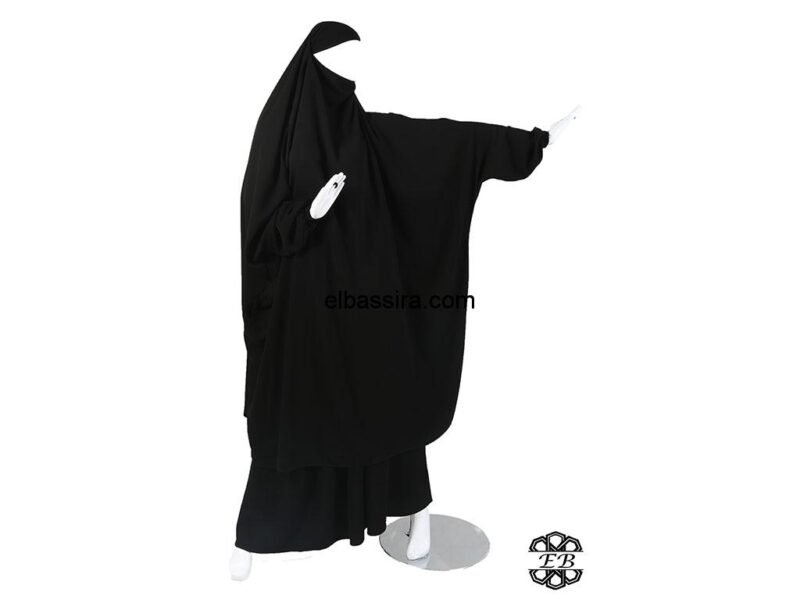 Jilbab, Jelbab ou Jilbeb 2 Pièces avec une jupe évasée, en tissu Caviary, de couleur noir intense
