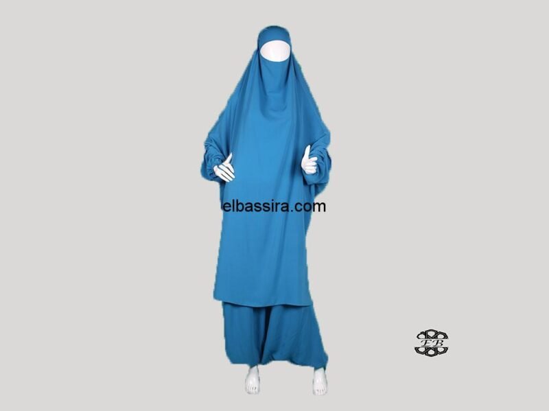 Jilbab, Jelbab ou jilbeb 2 Pièces avec sarouel (pantalon féminin oriental très large), en tissu Wool Peach, appelé aussi Microfibre léger, de couleur bleu de berlin